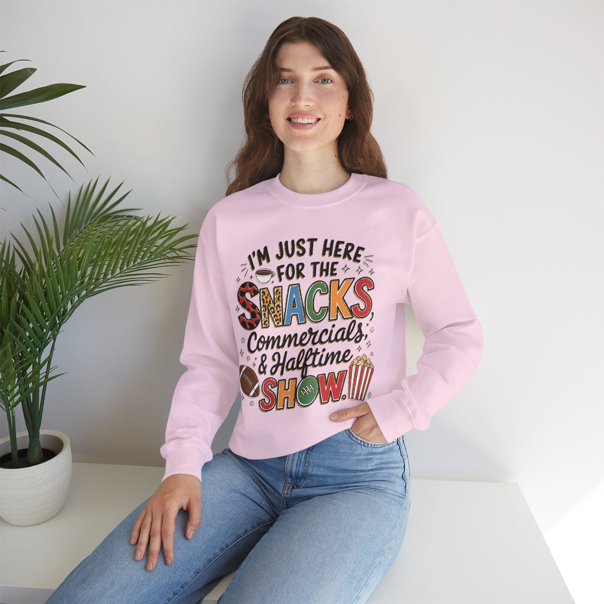 I’m Just Here for the Snacks, Commercials & Halftime Show – Gildan Heavy Blend | Trendy Women’s Soft Sweatshirt. Direct to Garment. Printed & Shipped in the USA. Unisex Sizes.