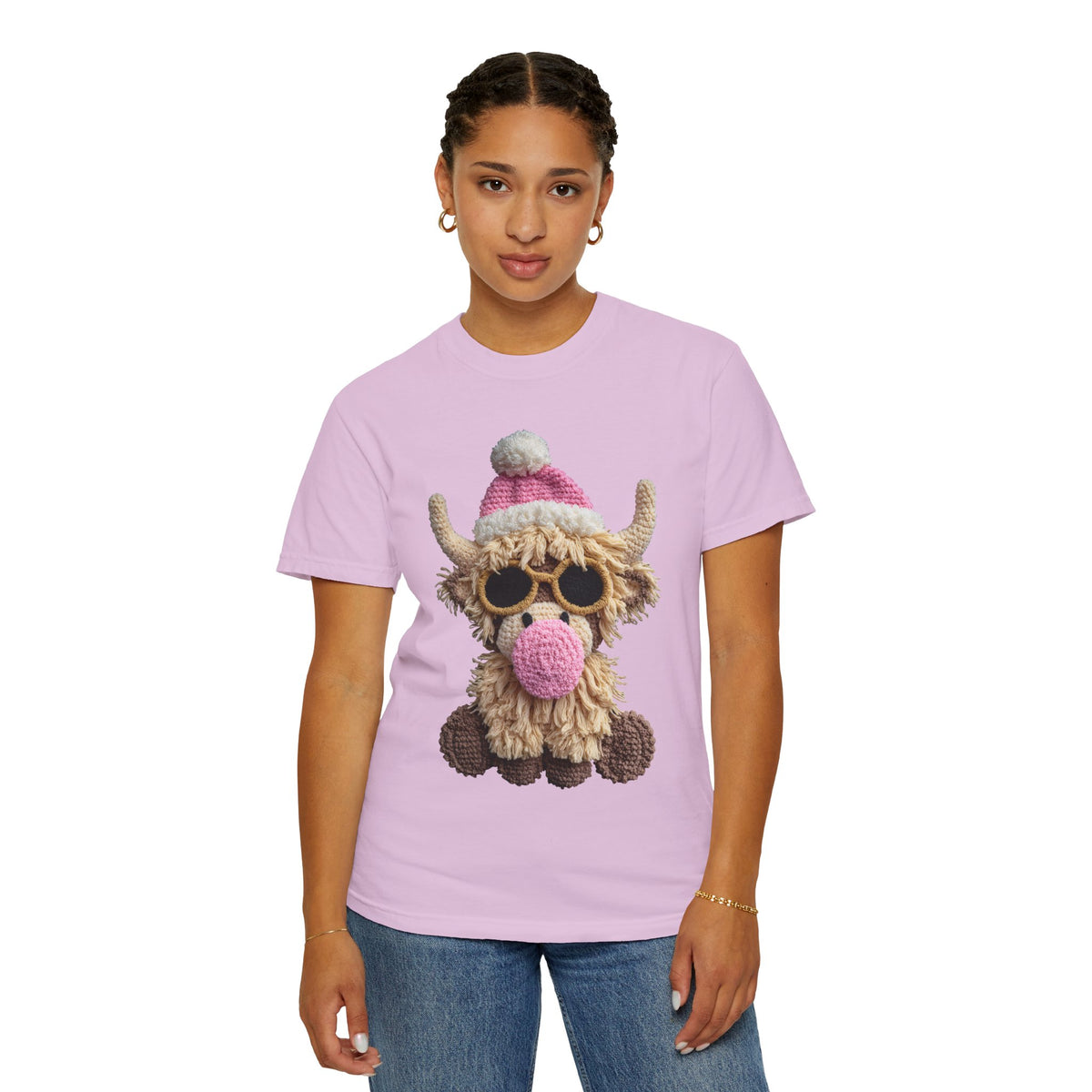 Faux Crochet Highland Cow Bubblegum - Comfort Colors | Trendy Women's T-Shirt. Direct to Garment. Printed & Shipped in the USA. Unisex Sizes.