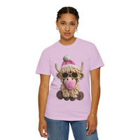Faux Crochet Highland Cow Bubblegum - Comfort Colors | Trendy Women's T-Shirt. Direct to Garment. Printed & Shipped in the USA. Unisex Sizes.