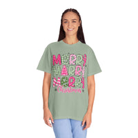 Merry Merry Merry Christmas, Festive Candy Cane & Pink and Green Plaid - Comfort Colors | Trendy Women's T-Shirt. Direct to Garment. Printed & Shipped in the USA. Unisex Sizes.