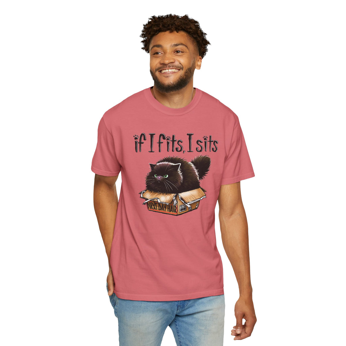 If I Fits I Sits, Cat in a Box - Comfort Colors | Trendy Women's and Men's T-Shirt. Direct to Garment. Printed & Shipped in the USA. Unisex Sizes.