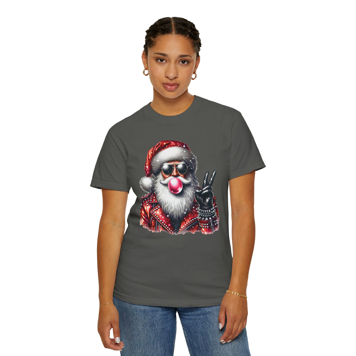 Biker Santa Leather Jacket Bubblegum - Comfort Colors | Trendy Women's and Men's T-Shirt. Direct to Garment. Printed & Shipped in the USA. Unisex Sizes.