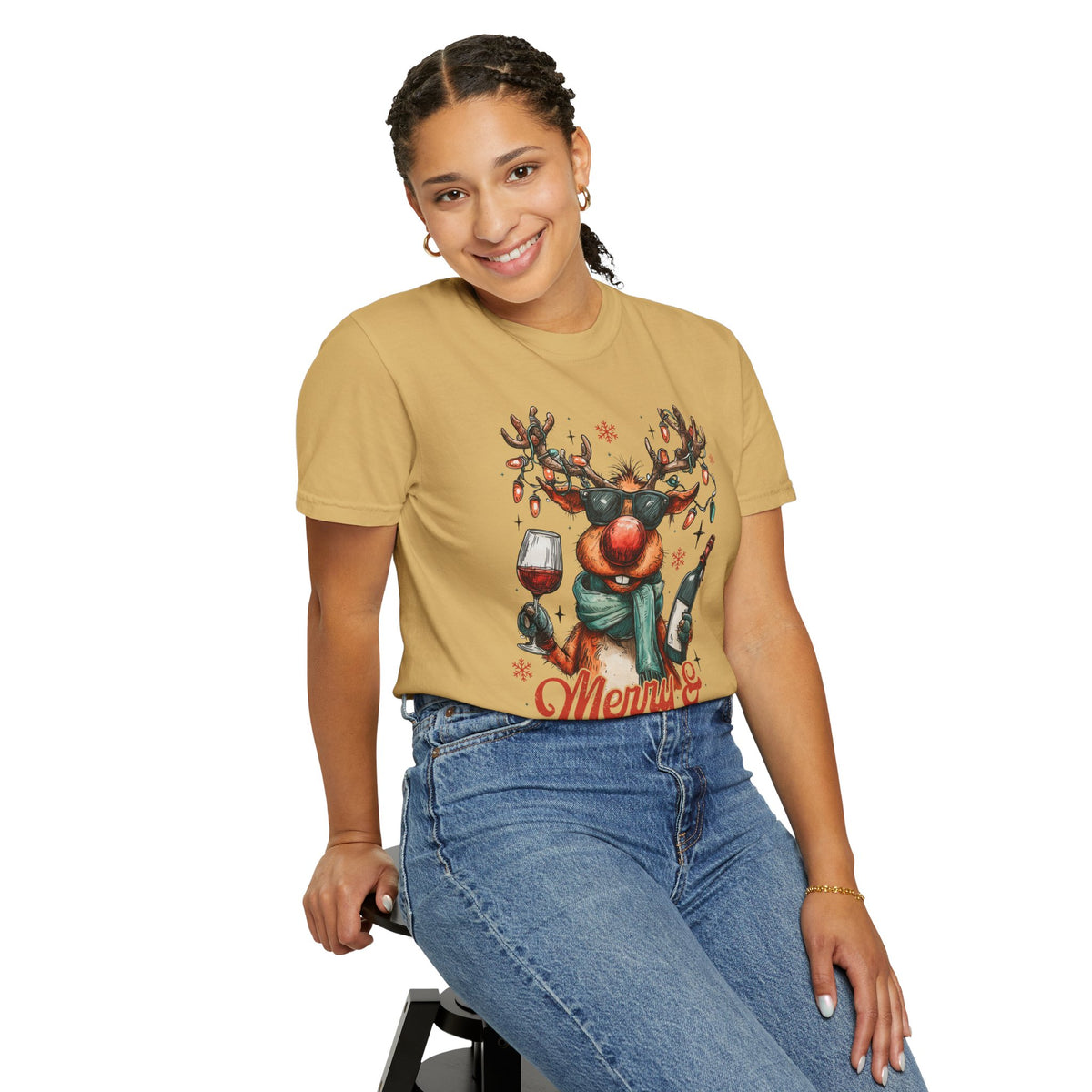 Merry & Mischievous Reindeer - Comfort Colors | Trendy Women's and Men's T-Shirt. Direct to Garment. Printed & Shipped in the USA. Unisex Sizes.
