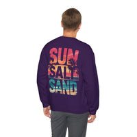 Sun Salt Sand, Beach Sunset - Front & Back Print – Gildan Heavy Blend | Trendy Women’s and Men's Soft Sweatshirt. Direct to Garment. Printed & Shipped in the USA. Unisex Sizes.