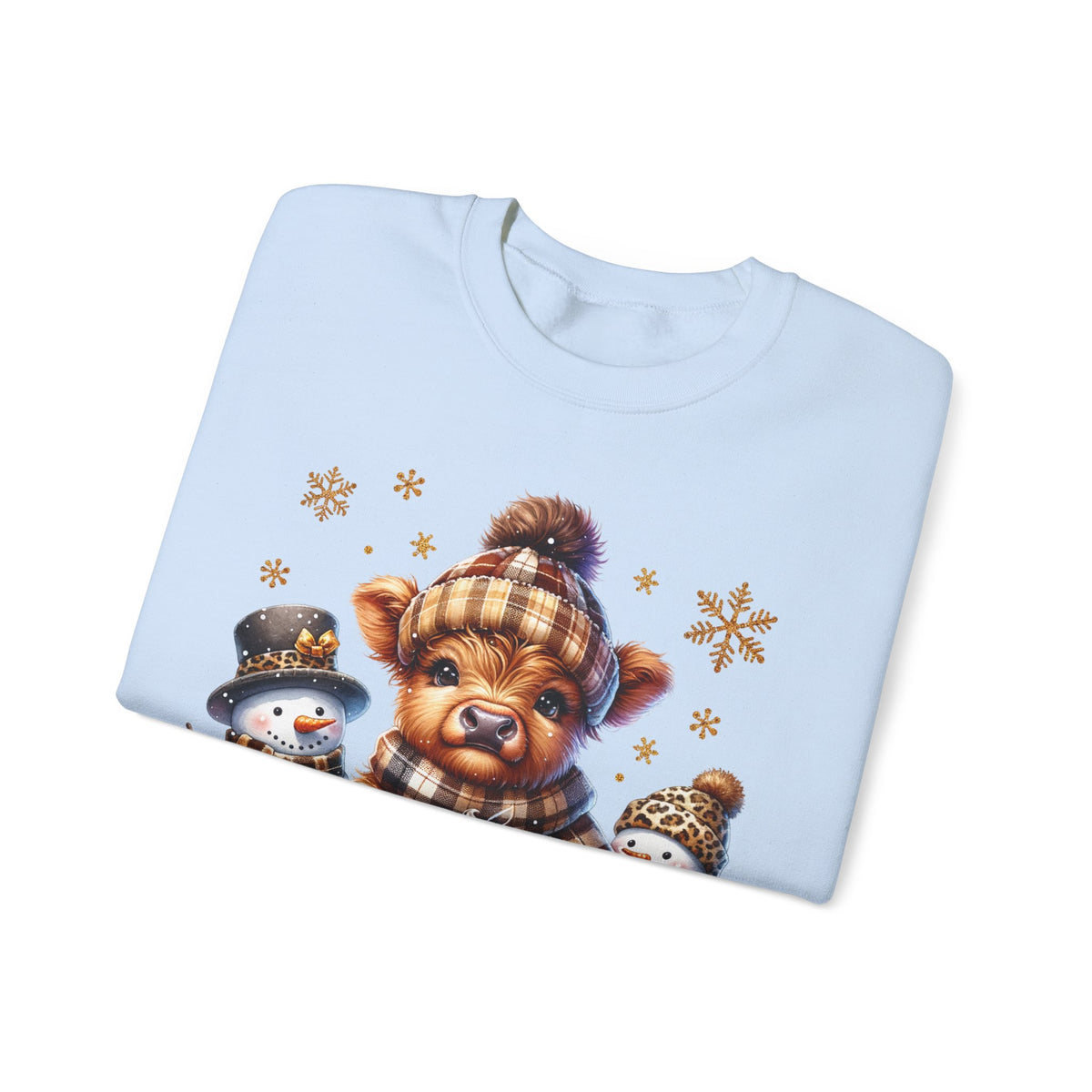 Cute Highland Cow with Snowmen, Winter – Gildan Heavy Blend | Trendy Women’s Soft Sweatshirt. Direct to Garment. Printed & Shipped in the USA. Unisex Sizes.