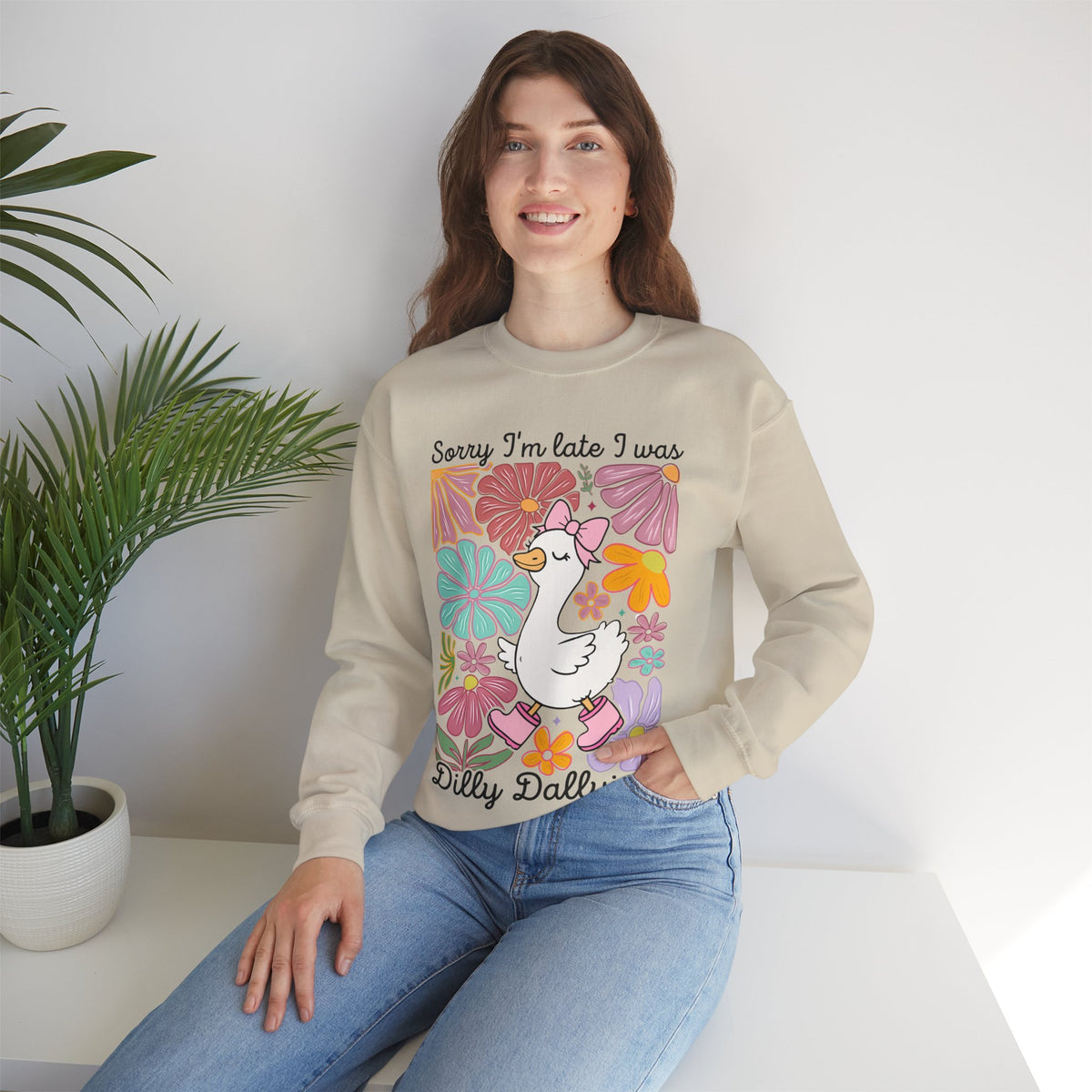 Sorry I'm Late I Was Dilly Dallying Cute Floral Duck – Gildan Heavy Blend | Trendy Women’s Soft Sweatshirt. Direct to Garment. Printed & Shipped in the USA. Unisex Sizes.