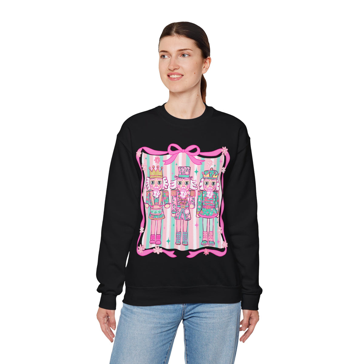 Coquette Pastel Christmas Nutcracker Trio Pink and Green – Gildan Heavy Blend | Trendy Women’s Soft Sweatshirt. Direct to Garment. Printed & Shipped in the USA. Unisex Sizes.