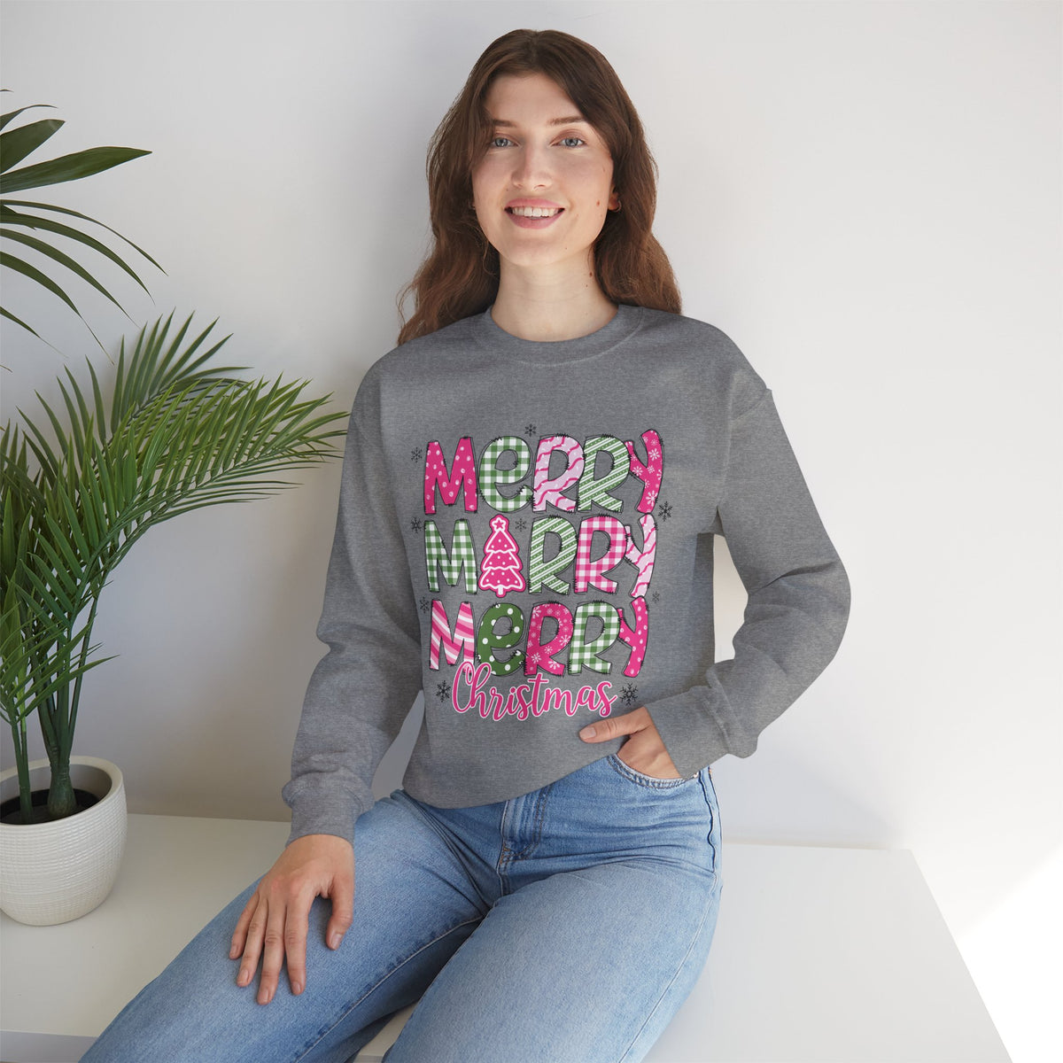 Merry Merry Merry Christmas Festive Candy Cane - Pink and Green – Gildan Heavy Blend | Trendy Women’s Soft Sweatshirt. Direct to Garment. Printed & Shipped in the USA. Unisex Sizes.