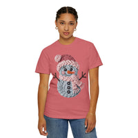 Cute Yarn Snowman - Pink Scarf - Comfort Colors | Trendy Women's T-Shirt. Direct to Garment. Printed & Shipped in the USA. Unisex Sizes.