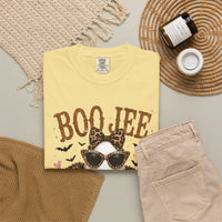 BooJee Ghost with Coffee - Halloween - Comfort Colors | Trendy Women's T-Shirt. Direct to Garment. Printed & Shipped in the USA. Unisex Sizes.