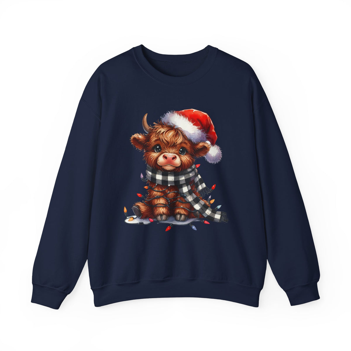 Cute Highland Cow Santa Hat Scarf Christmas Lights – Gildan Heavy Blend | Trendy Women’s Soft Sweatshirt. Direct to Garment. Printed & Shipped in the USA. Unisex Sizes.