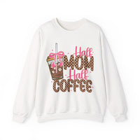 Half Mom Half Coffee, Cute Leopard Print Coffee Design – Gildan Heavy Blend | Trendy Women’s Soft Sweatshirt. Direct to Garment. Printed & Shipped in the USA. Unisex Sizes.