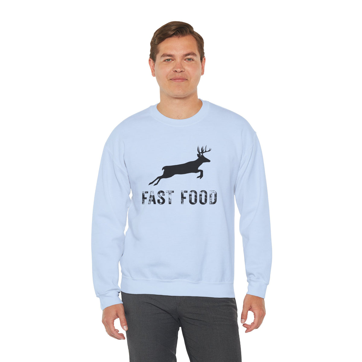 Fast Food Deer Hunting Humor Distressed – Gildan Heavy Blend | Trendy Men's and Women’s Soft Sweatshirt. Direct to Garment. Printed & Shipped in the USA. Unisex Sizes.