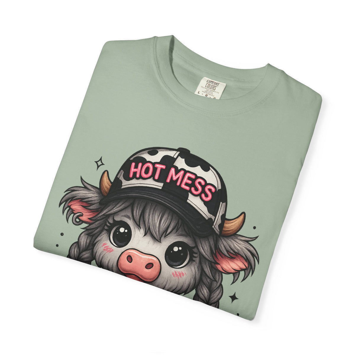 Cute Highland Cow 'Hot Mess' In Braids  - Comfort Colors | Trendy Women's T-Shirt. Direct to Garment. Printed & Shipped in the USA. Unisex Sizes.