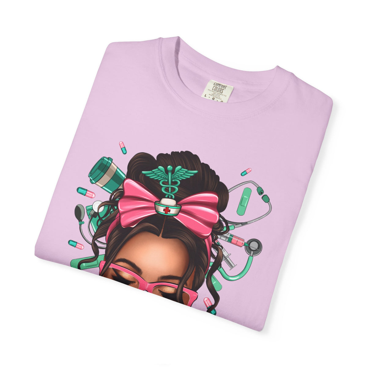 Nurse Life Messy Bun, Cute Stethoscope & Syringe - Comfort Colors | Trendy Women's T-Shirt. Direct to Garment. Printed & Shipped in the USA. Unisex Sizes.