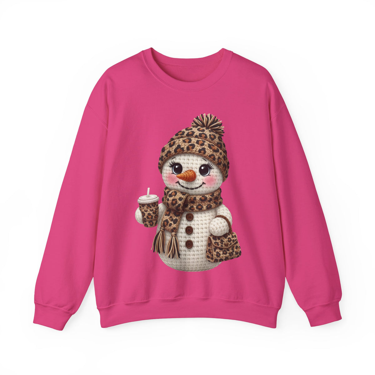 Leopard Snowman - Leopard Purse, Drink, Hat & Scarf – Gildan Heavy Blend | Trendy Women’s Soft Sweatshirt. Direct to Garment. Printed & Shipped in the USA. Unisex Sizes.