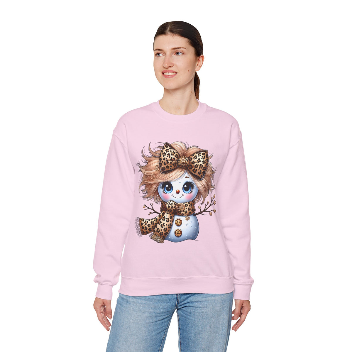 Snowgirl Cute Leopard Bow Snowman, Winter Cozy – Gildan Heavy Blend | Trendy Women’s Soft Sweatshirt. Direct to Garment. Printed & Shipped in the USA. Unisex Sizes.