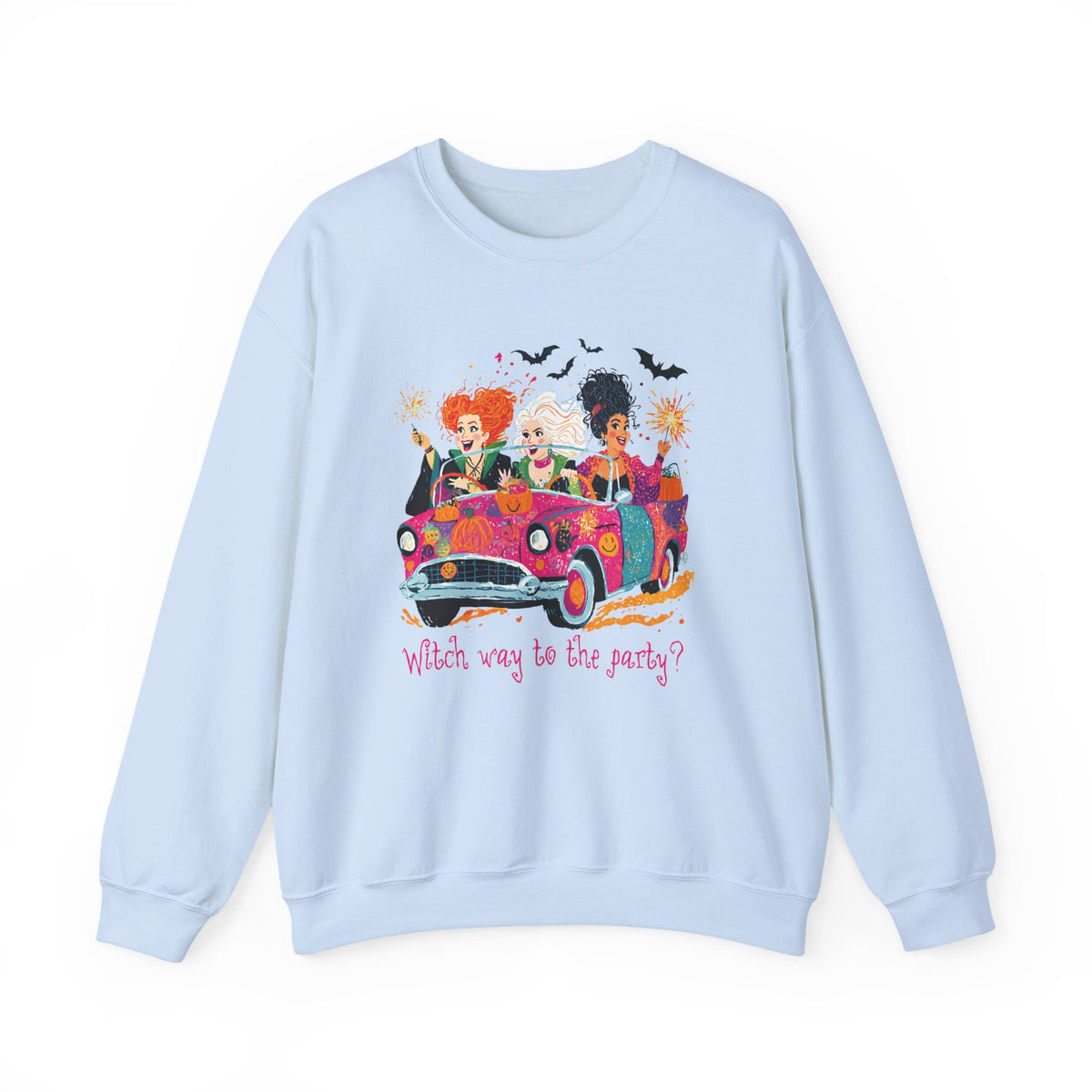 Witch Way to the Party? – Gildan Heavy Blend | Trendy Women’s Soft Sweatshirt. Direct to Garment. Printed & Shipped in the USA. Unisex Sizes.