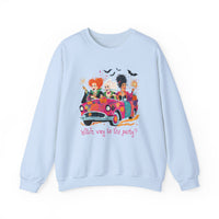 Witch Way to the Party? – Gildan Heavy Blend | Trendy Women’s Soft Sweatshirt. Direct to Garment. Printed & Shipped in the USA. Unisex Sizes.