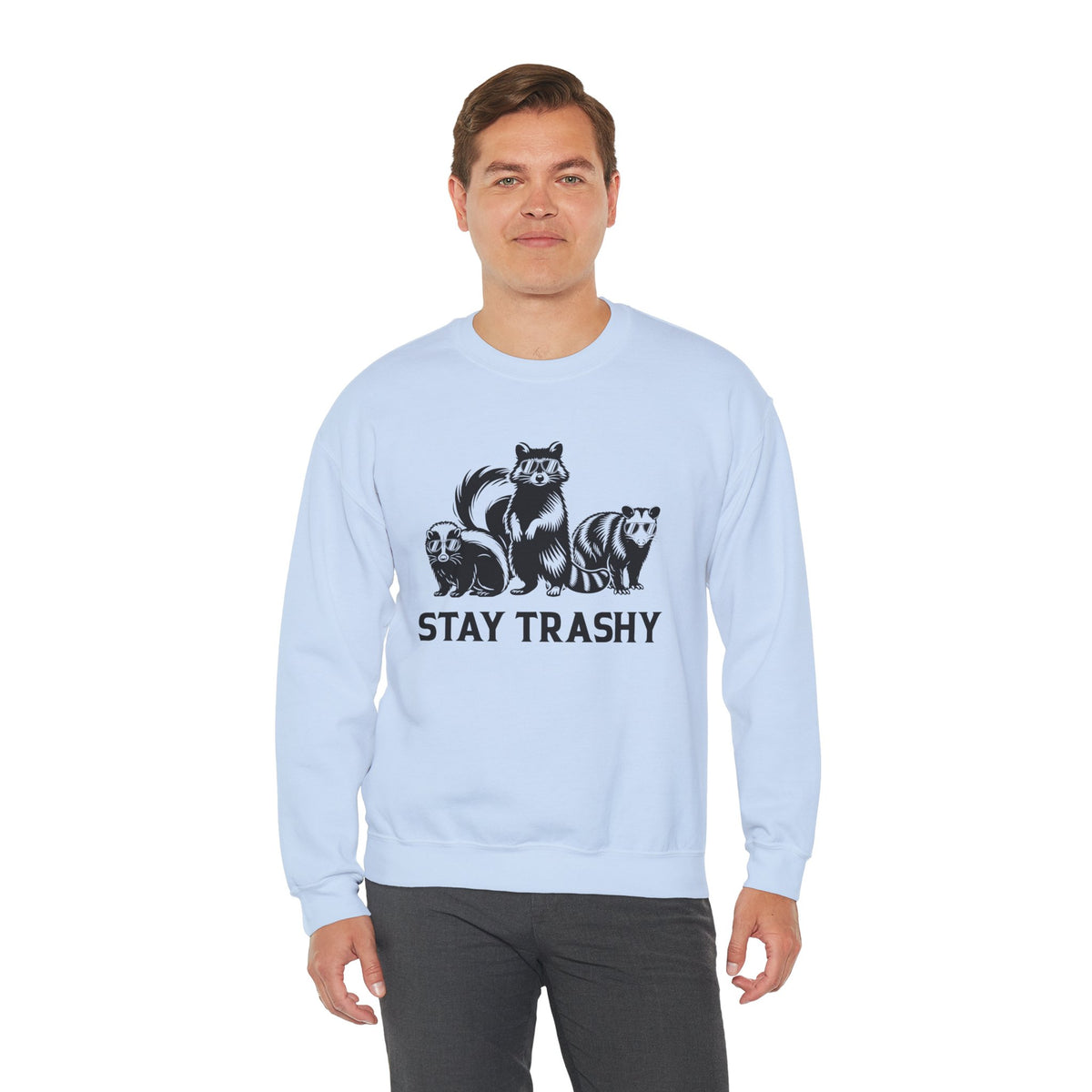 Stay Trashy, Skunk Raccoon Possum – Gildan Heavy Blend | Trendy Women’s and Men's Soft Sweatshirt. Direct to Garment. Printed & Shipped in the USA. Unisex Sizes.