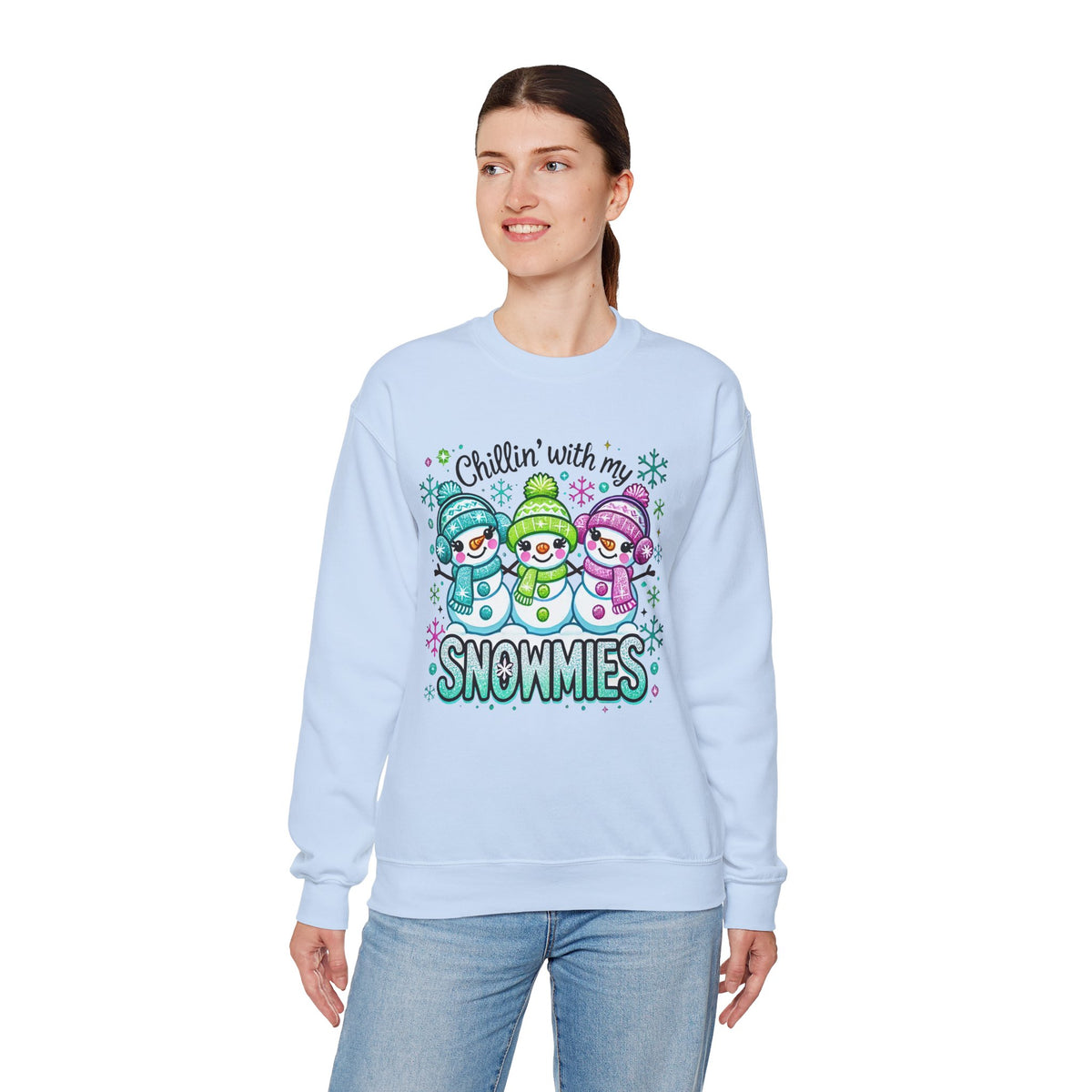 Chillin' With My Snowmies, Winter Snowman – Gildan Heavy Blend | Trendy Women’s Soft Sweatshirt. Direct to Garment. Printed & Shipped in the USA. Unisex Sizes.