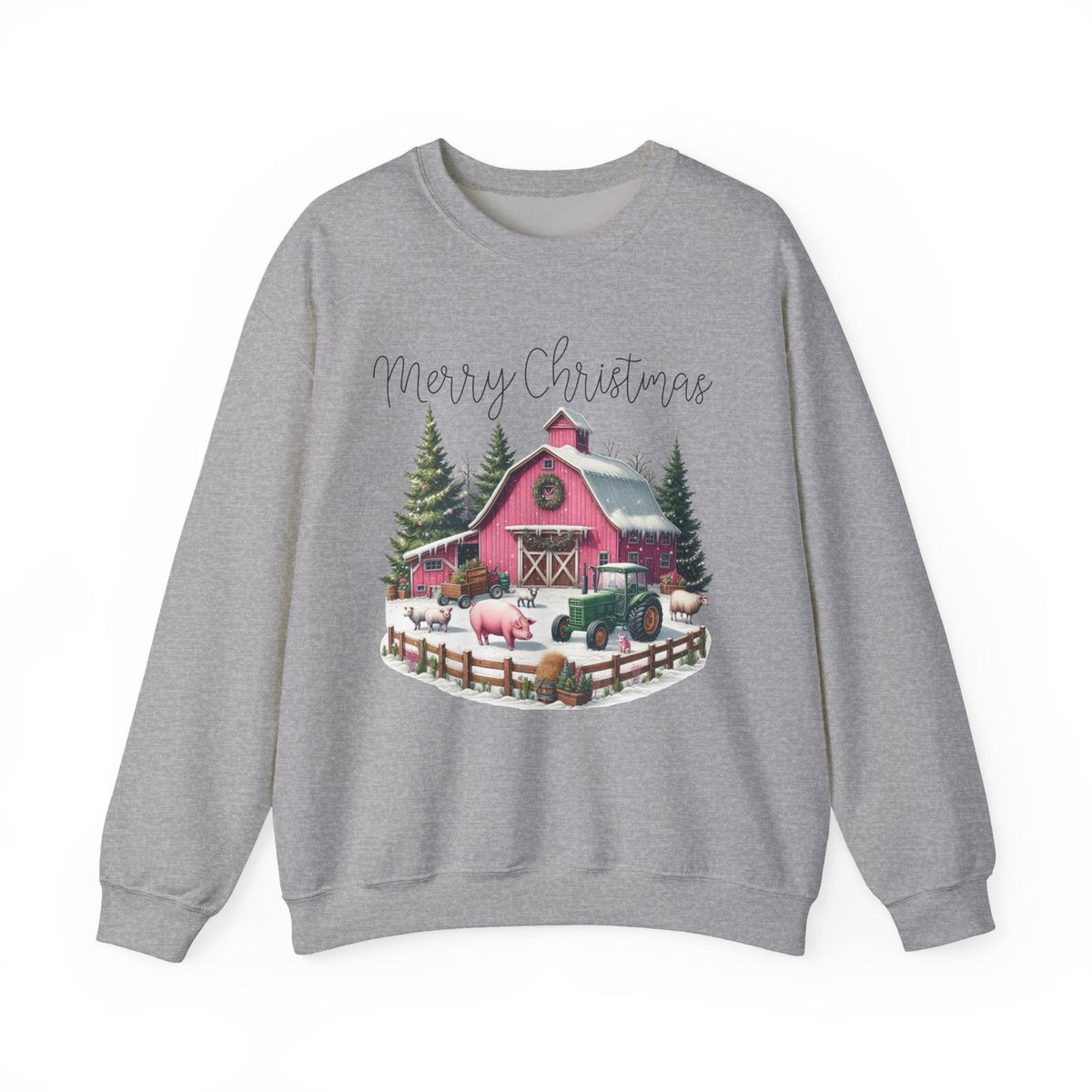 Merry Christmas Pink Barn Farm Animals – Gildan Heavy Blend | Trendy Women’s Soft Sweatshirt. Direct to Garment. Printed & Shipped in the USA. Unisex Sizes.