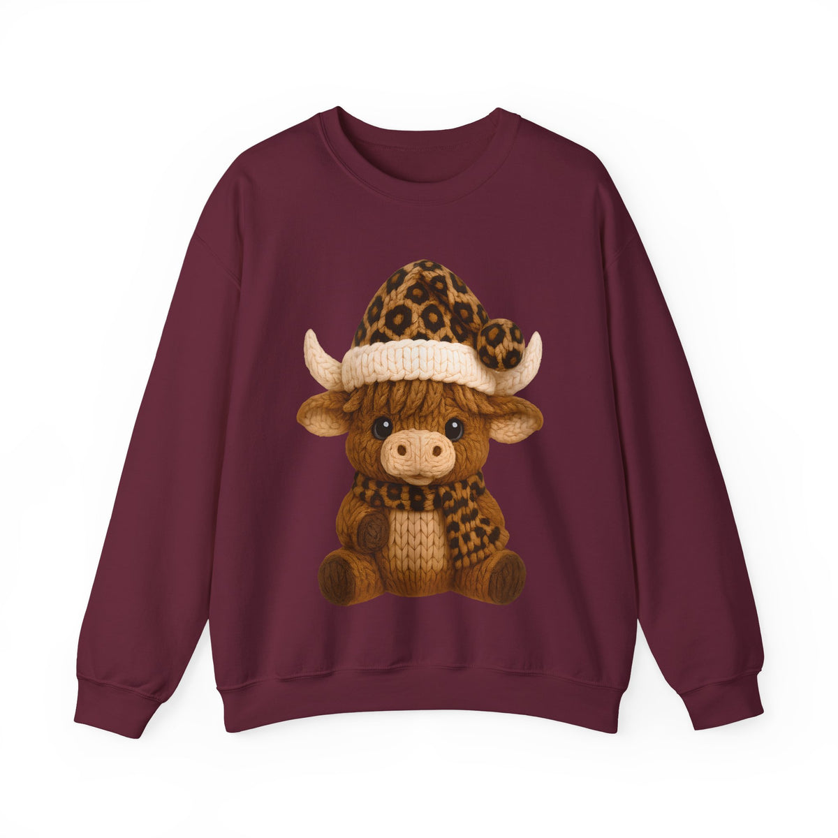 Cute Highland Cow with Leopard Santa Hat Christmas – Gildan Heavy Blend | Trendy Women’s Soft Sweatshirt. Direct to Garment. Printed & Shipped in the USA. Unisex Sizes.