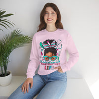 Phlebotomist Life, Messy Bun – Gildan Heavy Blend | Trendy Women’s Soft Sweatshirt. Direct to Garment. Printed & Shipped in the USA. Unisex Sizes.