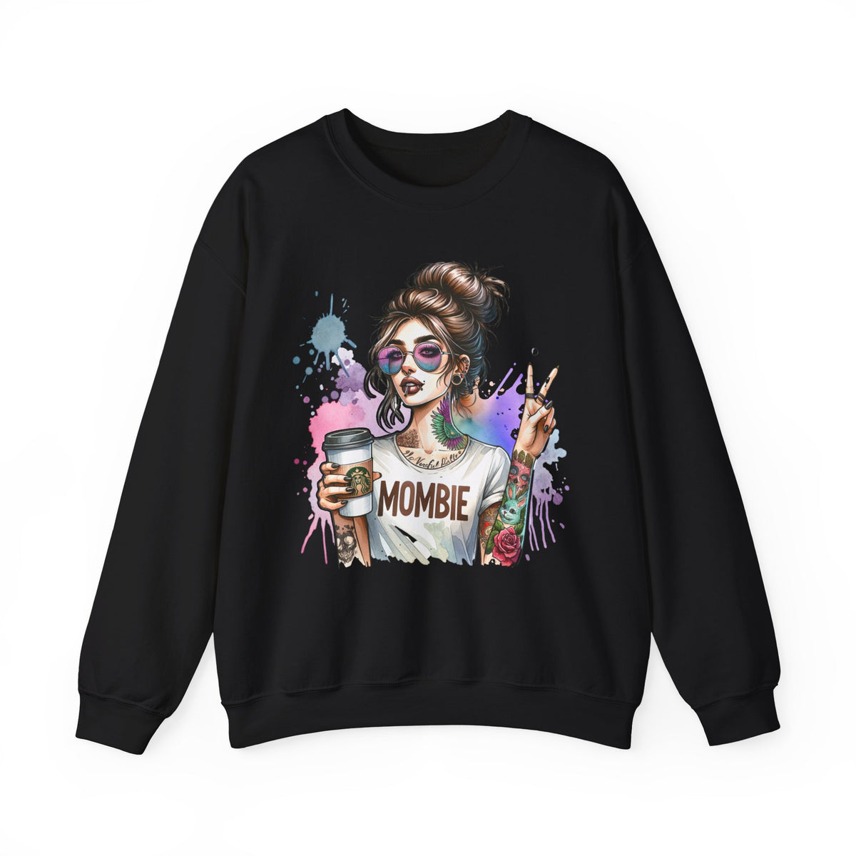 Cool Mombie with Coffee Peace Tattoo - Tired Mom – Gildan Heavy Blend | Trendy Women’s Soft Sweatshirt. Direct to Garment. Printed & Shipped in the USA. Unisex Sizes.