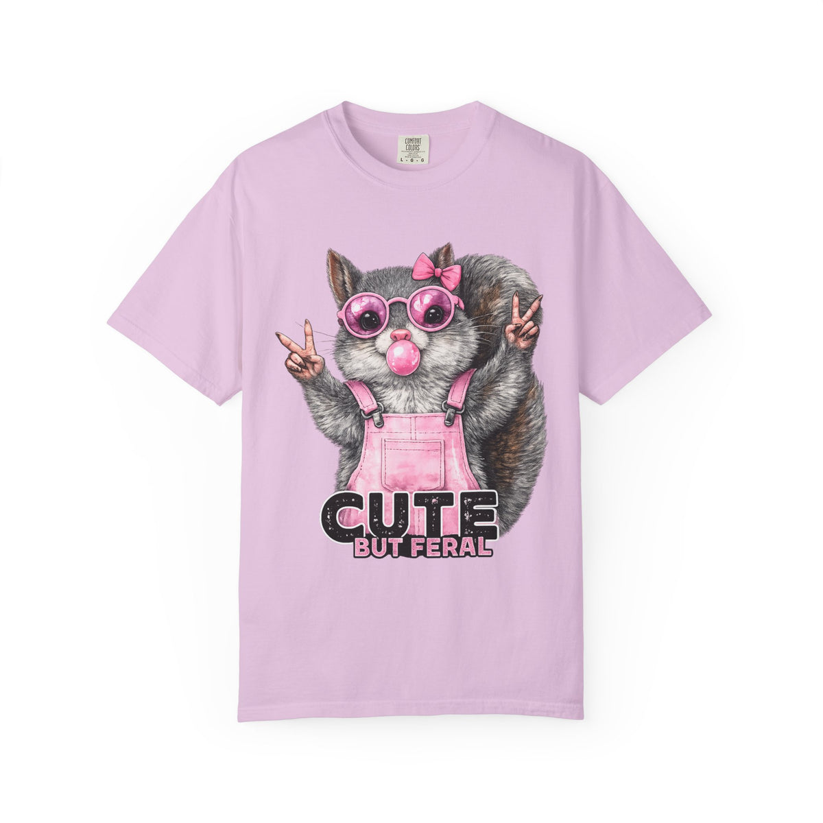 Cute But Feral, Squirrel in Pink Bibs - Comfort Colors | Trendy Women's T-Shirt. Direct to Garment. Printed & Shipped in the USA. Unisex Sizes.