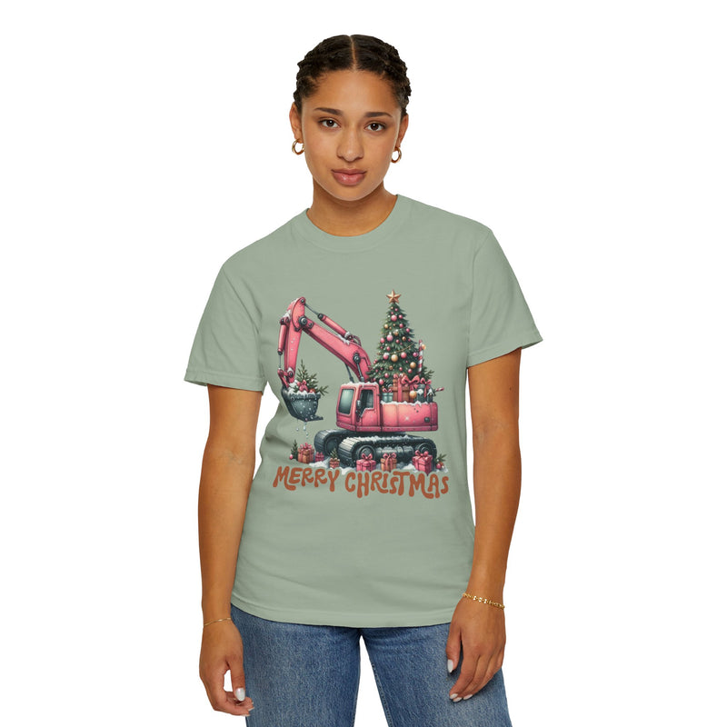 Excavator Merry Christmas Construction - Comfort Colors | Trendy Women's T-Shirt. Direct to Garment. Printed & Shipped in the USA. Unisex Sizes.