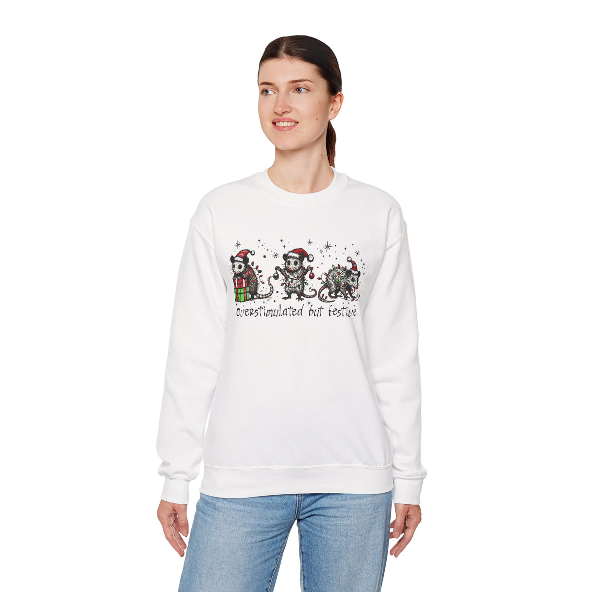 Overstimulated But Festive Christmas Possums – Gildan Heavy Blend | Trendy Women’s and Men's Soft Sweatshirt. Direct to Garment. Printed & Shipped in the USA. Unisex Sizes.