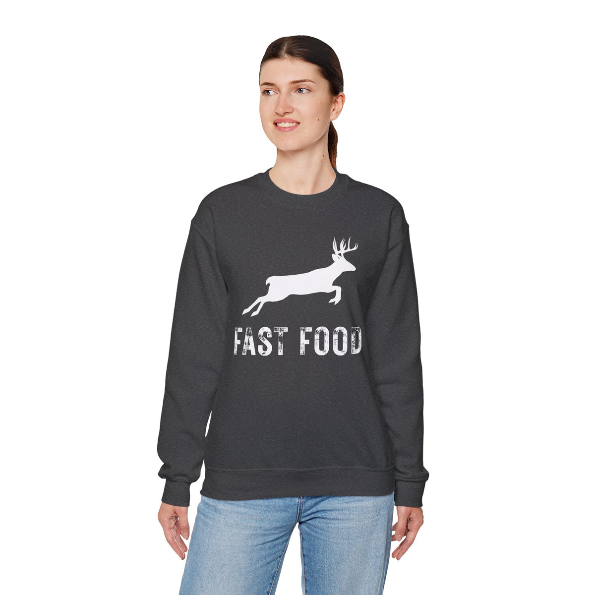Fast Food Deer Hunting Humor Distressed – Gildan Heavy Blend | Trendy Men's and Women’s Soft Sweatshirt. Direct to Garment. Printed & Shipped in the USA. Unisex Sizes.