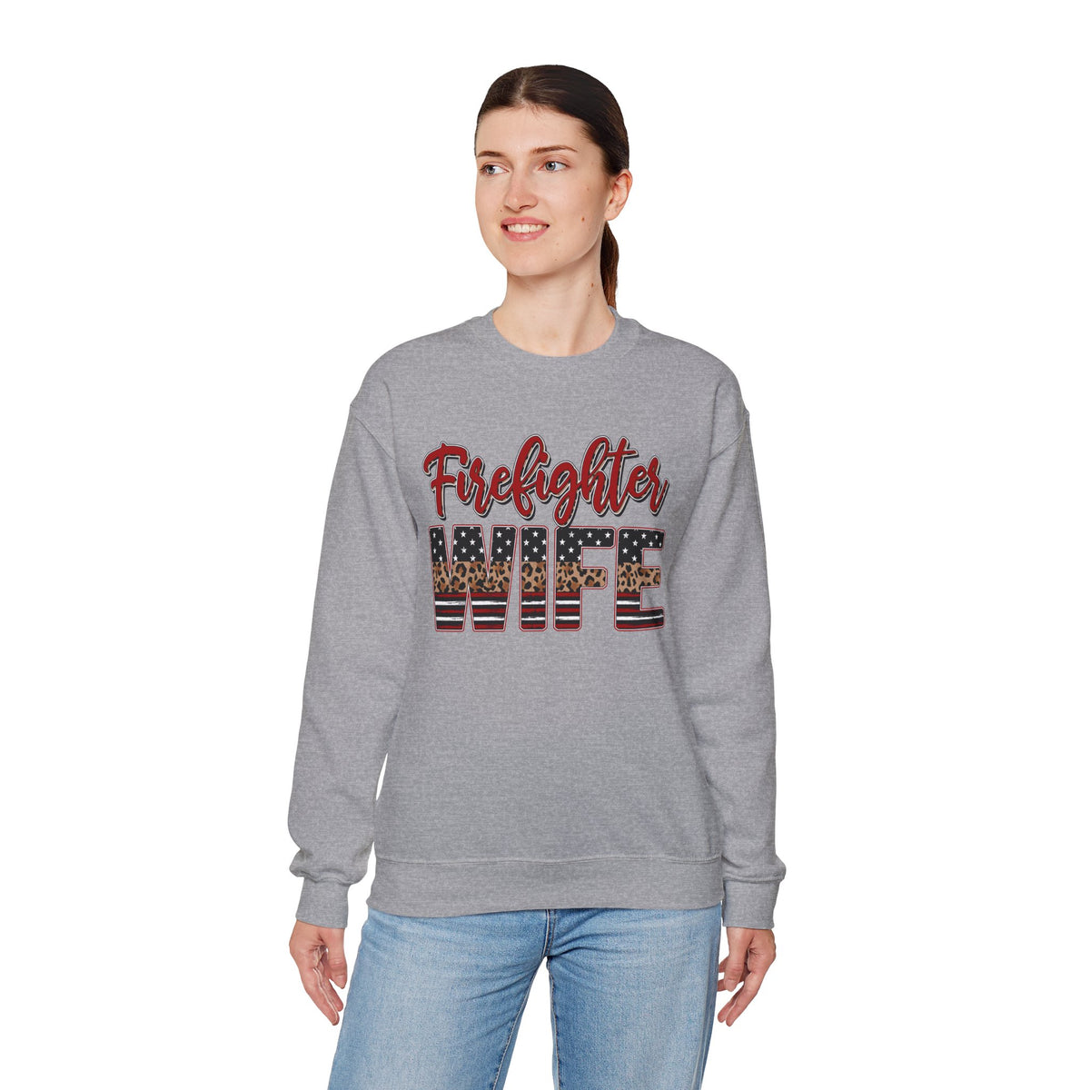 Firefighter Wife Patriotic Flag Lettering for Firefighter Spouse – Gildan Heavy Blend | Trendy Women’s Soft Sweatshirt. Direct to Garment. Printed & Shipped in the USA. Unisex Sizes.