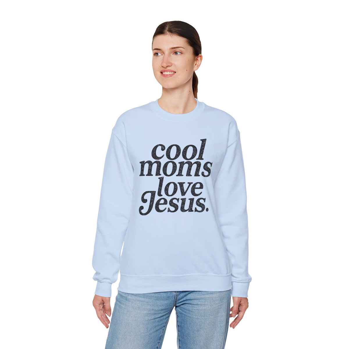 Cool Moms Love Jesus – Gildan Heavy Blend | Trendy Women’s Soft Sweatshirt. Direct to Garment. Printed & Shipped in the USA. Unisex Sizes.