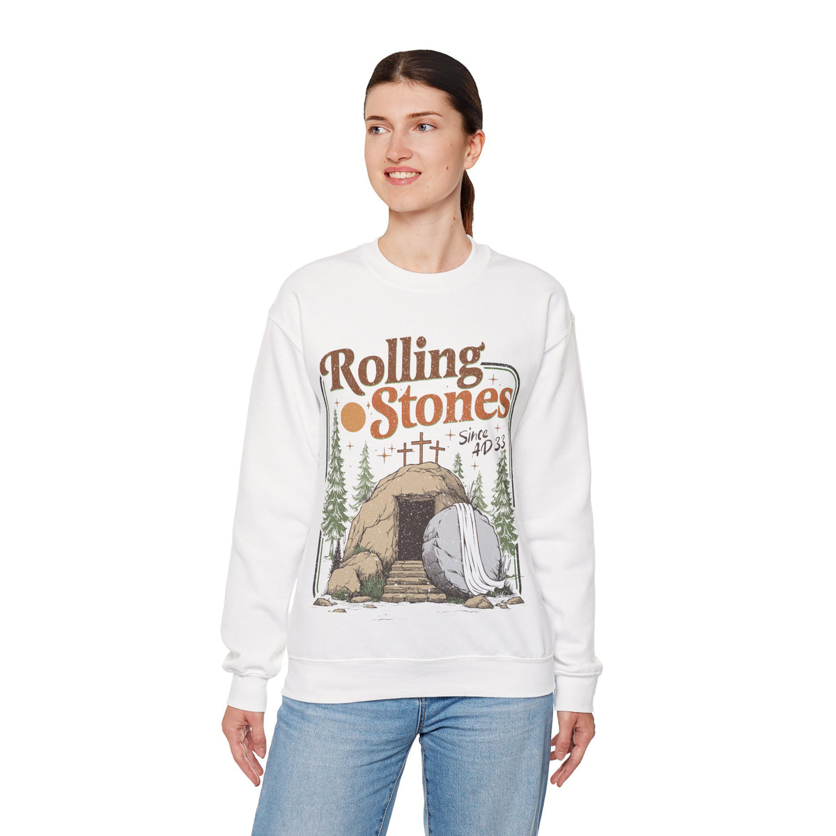 Rolling Stones "Since AD33" Easter Empty Tomb Christian – Gildan Heavy Blend | Trendy Men's and Women’s Soft Sweatshirt. Direct to Garment. Printed & Shipped in the USA. Unisex Sizes.