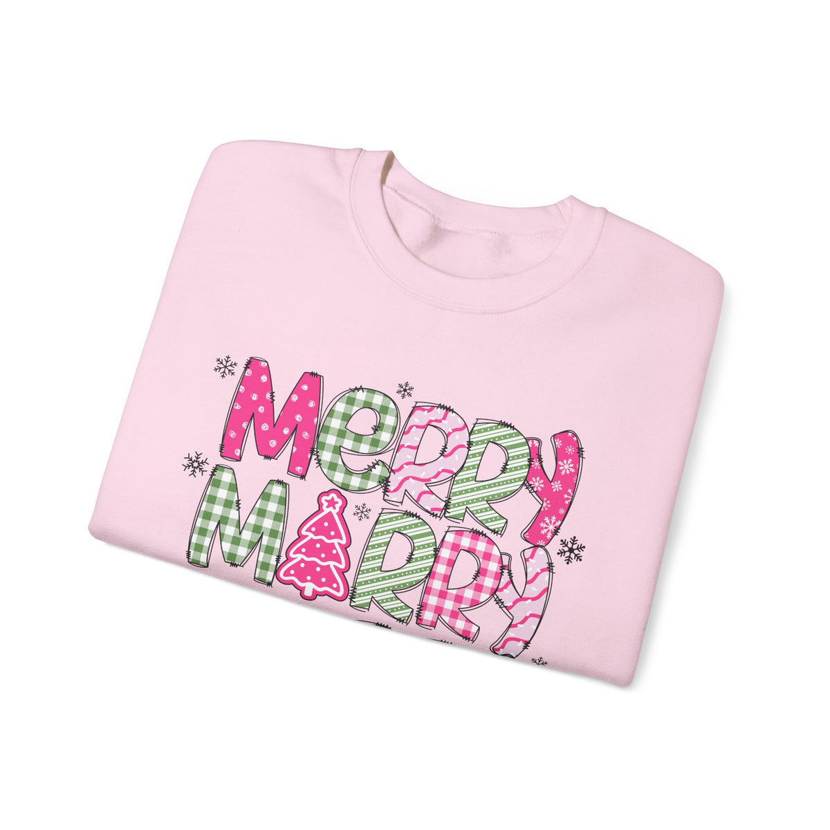 Merry Merry Merry Christmas Festive Candy Cane - Pink and Green – Gildan Heavy Blend | Trendy Women’s Soft Sweatshirt. Direct to Garment. Printed & Shipped in the USA. Unisex Sizes.