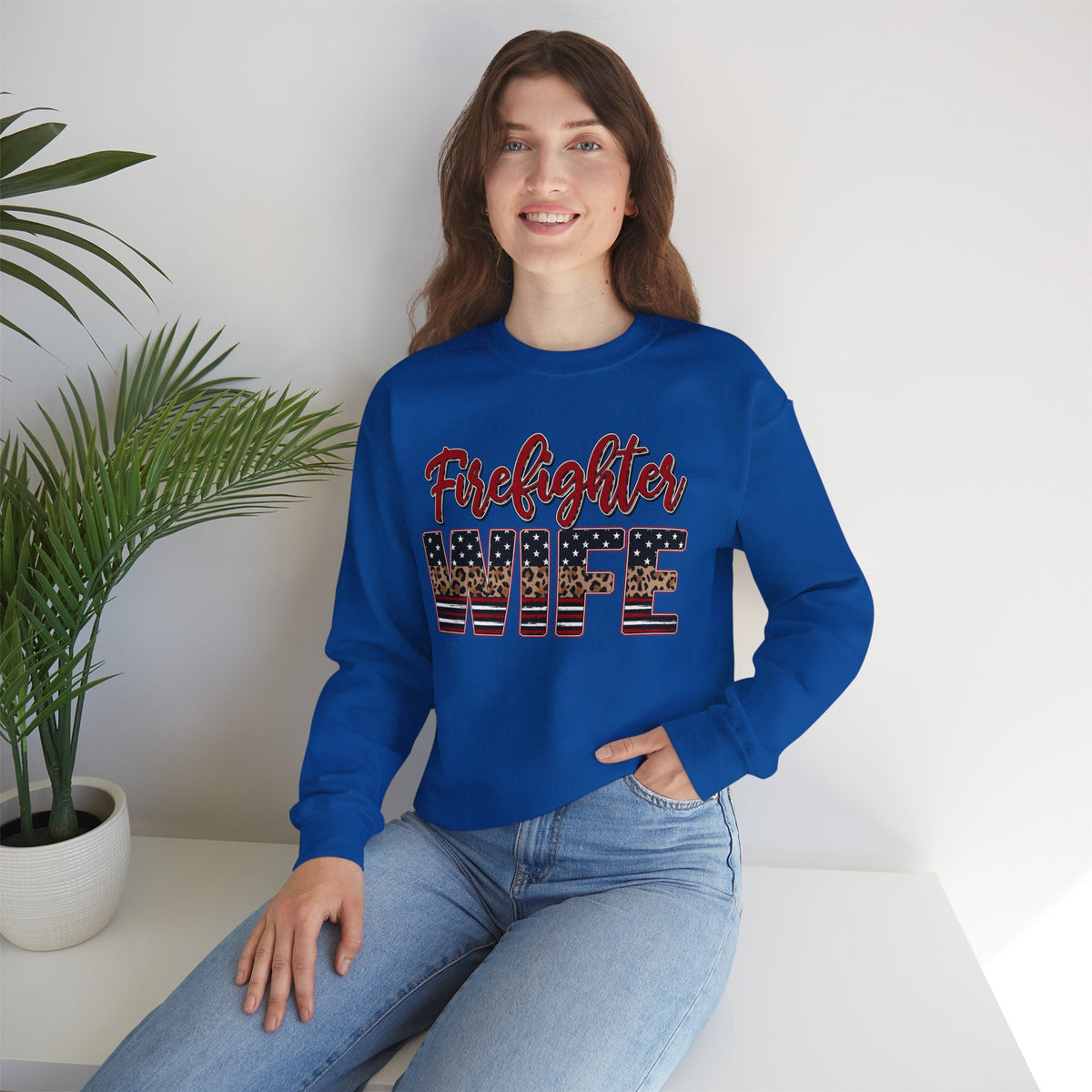Firefighter Wife Patriotic Flag Lettering for Firefighter Spouse – Gildan Heavy Blend | Trendy Women’s Soft Sweatshirt. Direct to Garment. Printed & Shipped in the USA. Unisex Sizes.