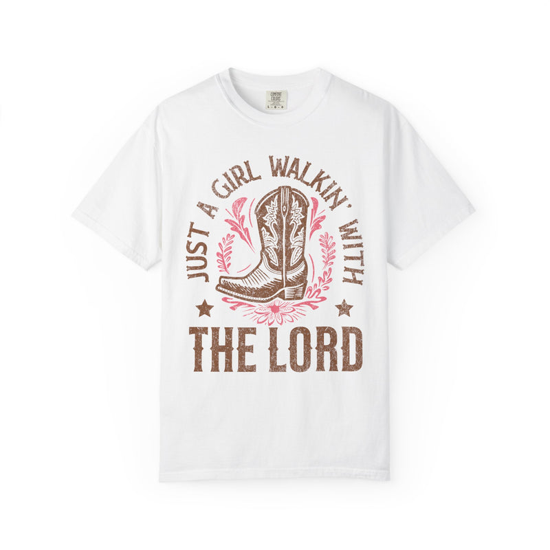 Just a Girl Walkin' with the Lord, Vintage - Comfort Colors | Trendy Women's T-Shirt. Direct to Garment. Printed & Shipped in the USA. Unisex Sizes.