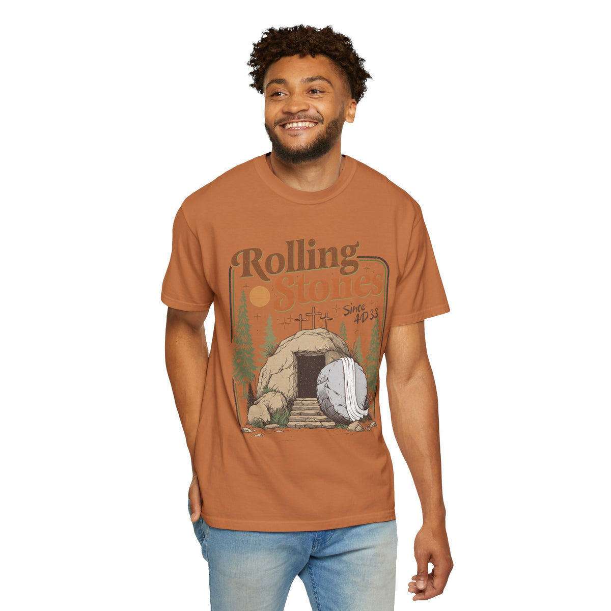 Rolling Stones "Since AD 33" Easter Empty Tomb Christian - Comfort Colors | Trendy Men's and Women's T-Shirt. Direct to Garment. Printed & Shipped in the USA. Unisex Sizes.