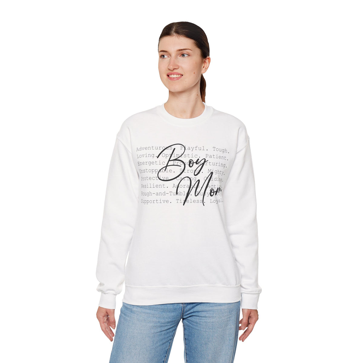 Boy Mom Typography – Gildan Heavy Blend | Trendy Women’s Soft Sweatshirt. Direct to Garment. Printed & Shipped in the USA. Unisex Sizes.