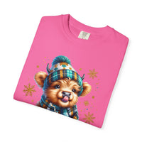 Winter Baby Highland Cow with Cocoa  - Comfort Colors | Trendy Women's T-Shirt. Direct to Garment. Printed & Shipped in the USA. Unisex Sizes.