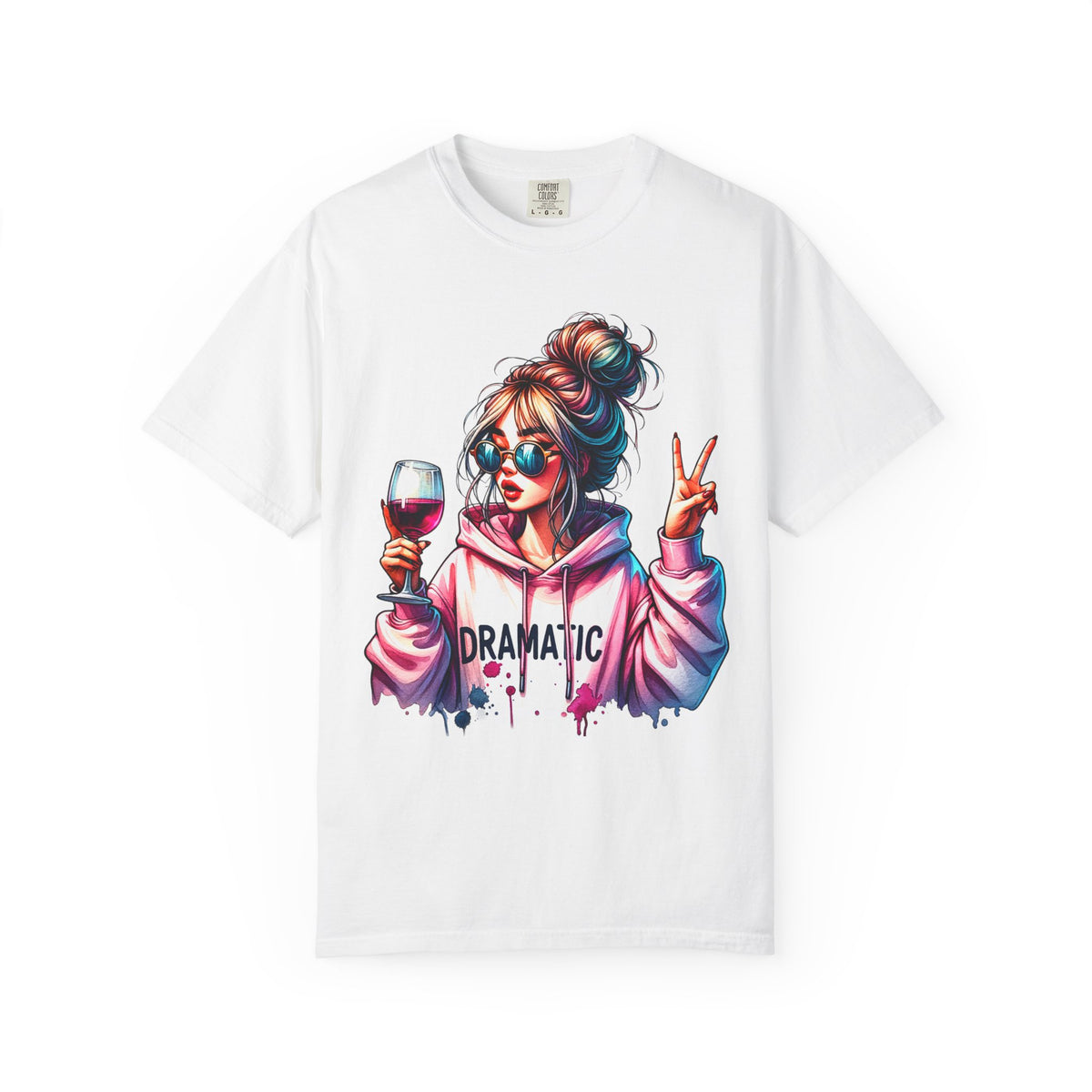 Dramatic Girl With Wine Messy Bun Peace Sign  - Comfort Colors | Trendy Women's T-Shirt. Direct to Garment. Printed & Shipped in the USA. Unisex Sizes.