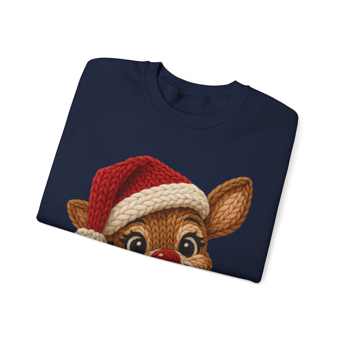Cute Rudolph Faux Knit Look Reindeer w/Santa Hat – Gildan Heavy Blend | Trendy Women’s Soft Sweatshirt. Direct to Garment. Printed & Shipped in the USA. Unisex Sizes.