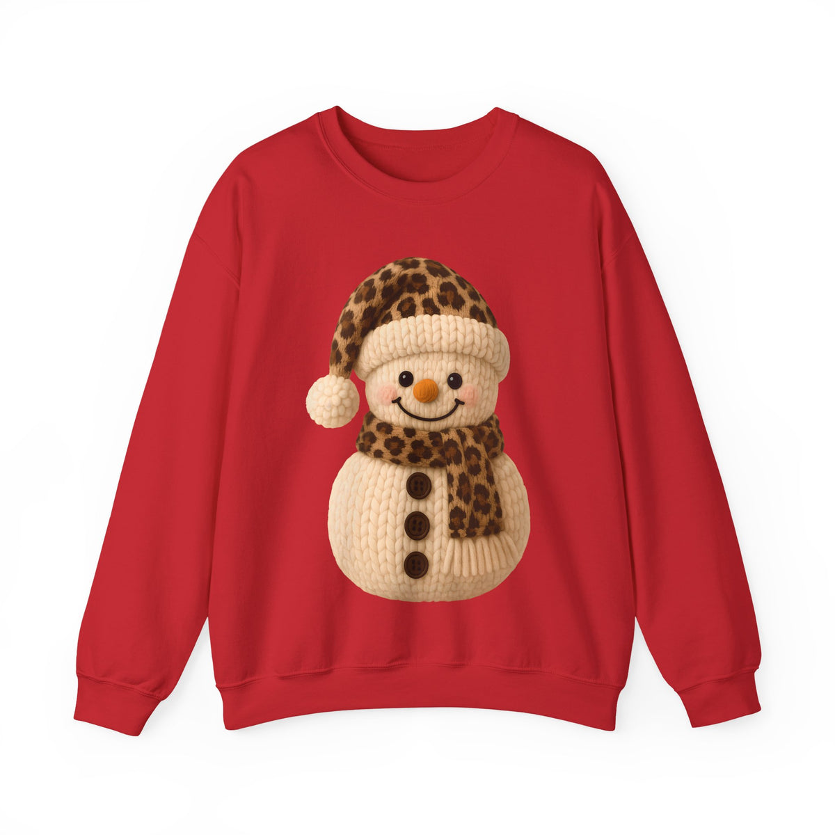 Cute Leopard Faux Knit Snowman Winter – Gildan Heavy Blend | Trendy Women’s Soft Sweatshirt. Direct to Garment. Printed & Shipped in the USA. Unisex Sizes.