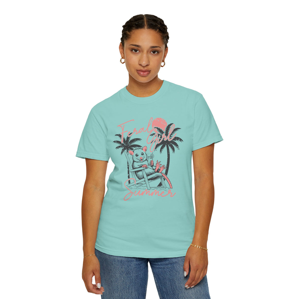 Feral Girl Summer, Possum on a Beach - Comfort Colors | Trendy Women's T-Shirt. Direct to Garment. Printed & Shipped in the USA. Unisex Sizes.
