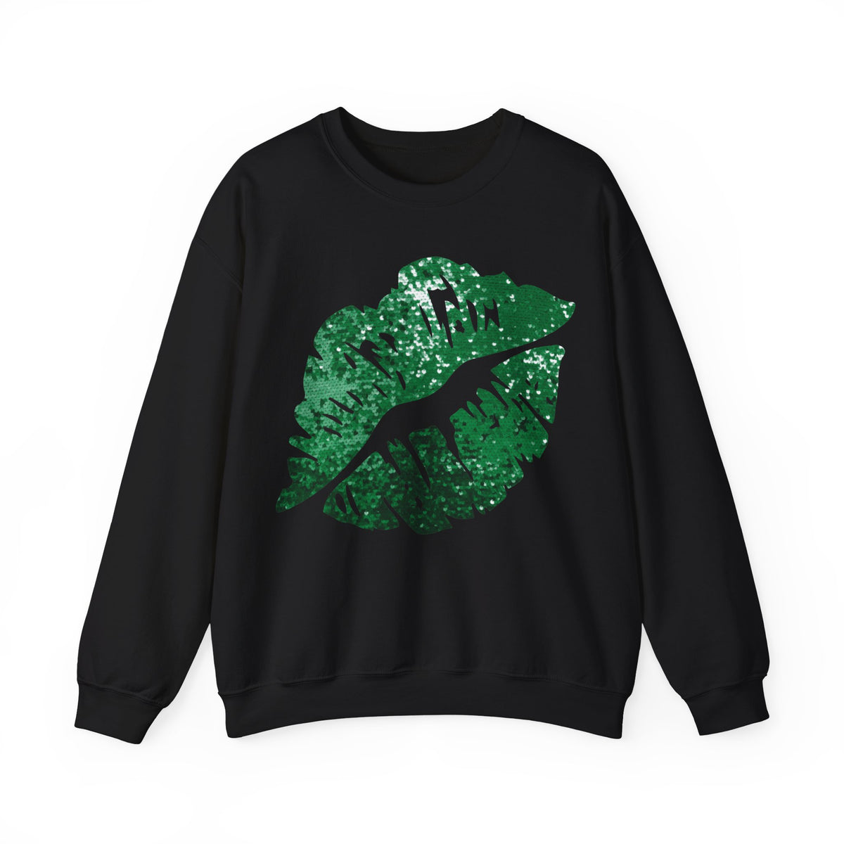 Green Faux Glitter Kiss – Gildan Heavy Blend | Trendy Women’s Soft Sweatshirt. Direct to Garment. Printed & Shipped in the USA. Unisex Sizes.