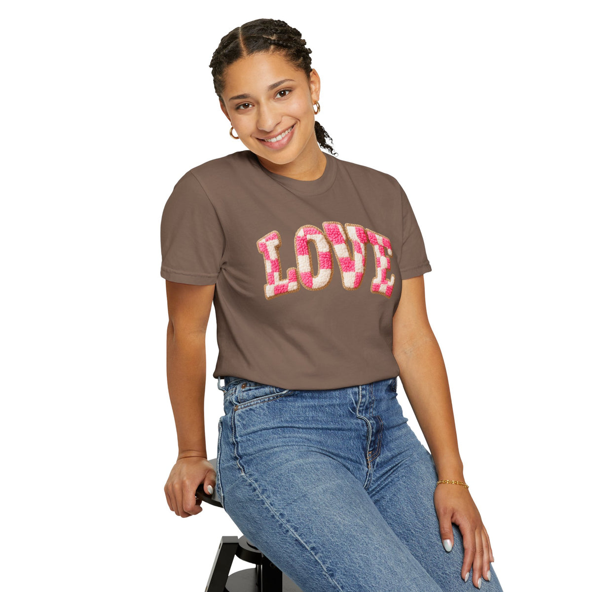 Faux Crochet Checkered LOVE - Comfort Colors | Trendy Women's T-Shirt. Direct to Garment. Printed & Shipped in the USA. Unisex Sizes.