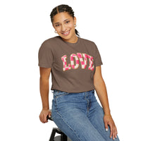 Faux Crochet Checkered LOVE - Comfort Colors | Trendy Women's T-Shirt. Direct to Garment. Printed & Shipped in the USA. Unisex Sizes.