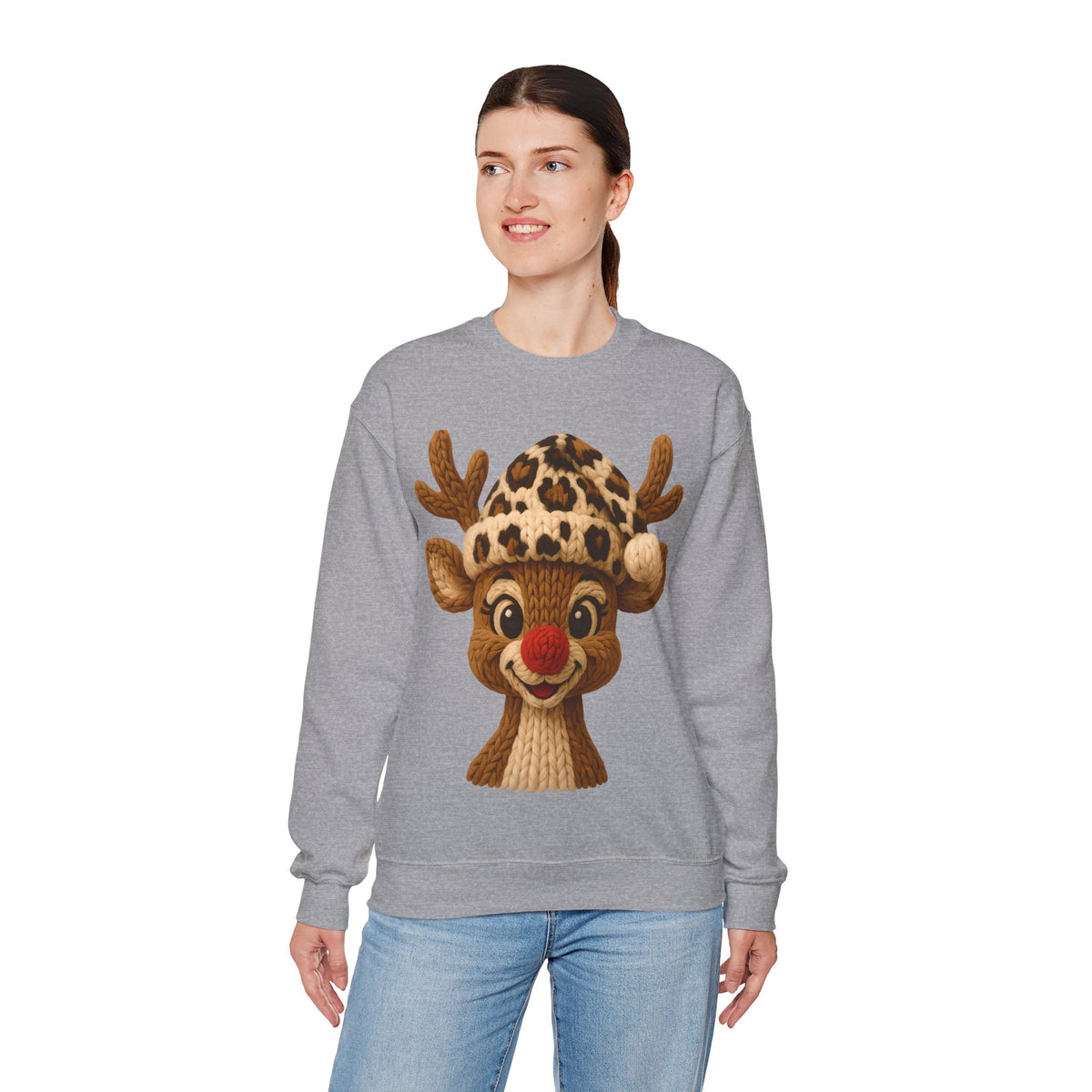 Rudolph Reindeer Leopard Santa Hat Christmas – Gildan Heavy Blend | Trendy Women’s Soft Sweatshirt. Direct to Garment. Printed & Shipped in the USA. Unisex Sizes.